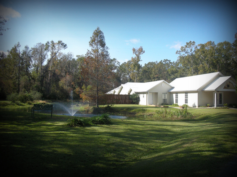 White single-story building beside a pond with a fountain, surrounded by trees and green lawn, peaceful mood