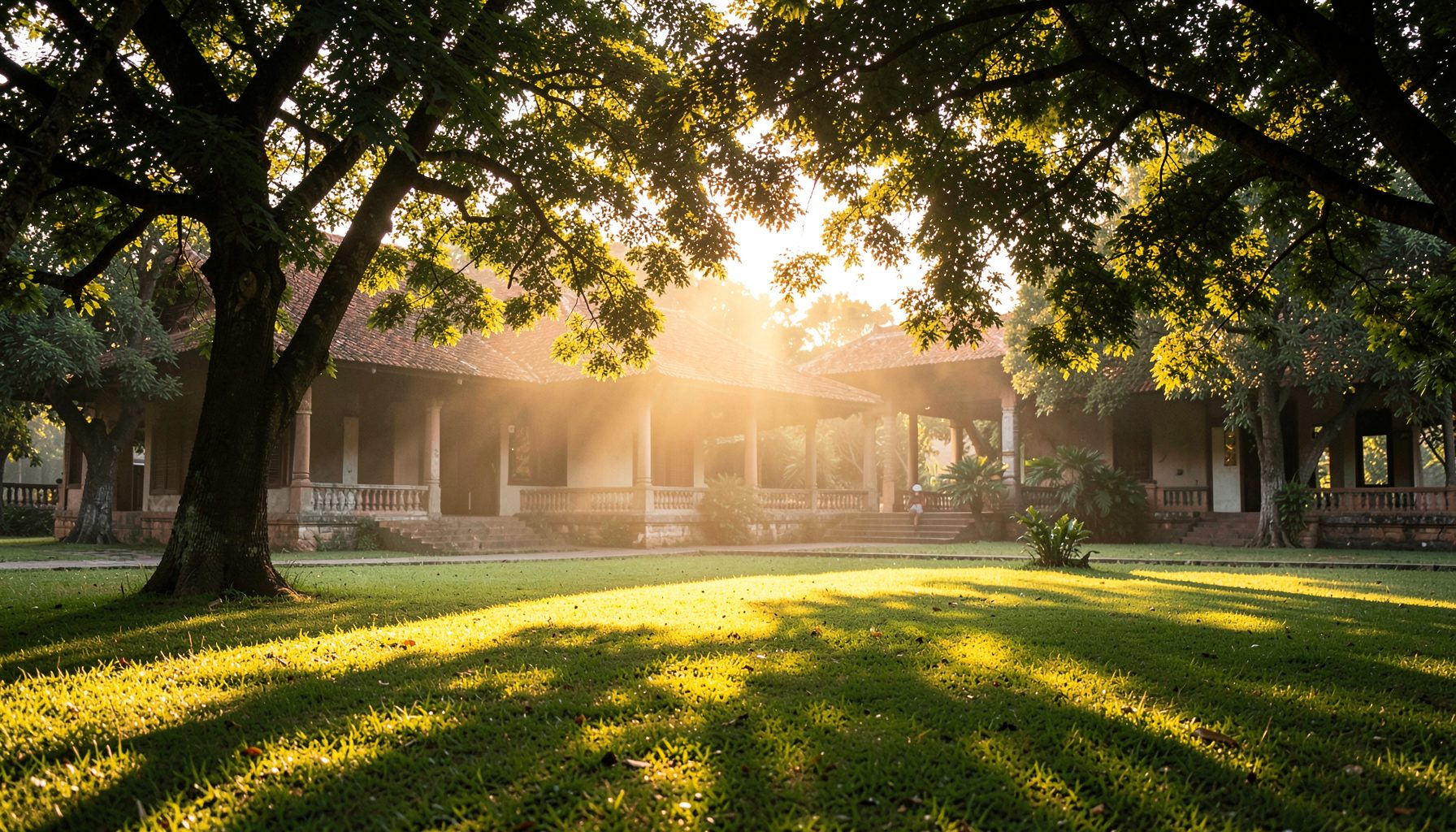 Sunlight streaming through trees across a peaceful monastery lawn at golden hour, warm and serene