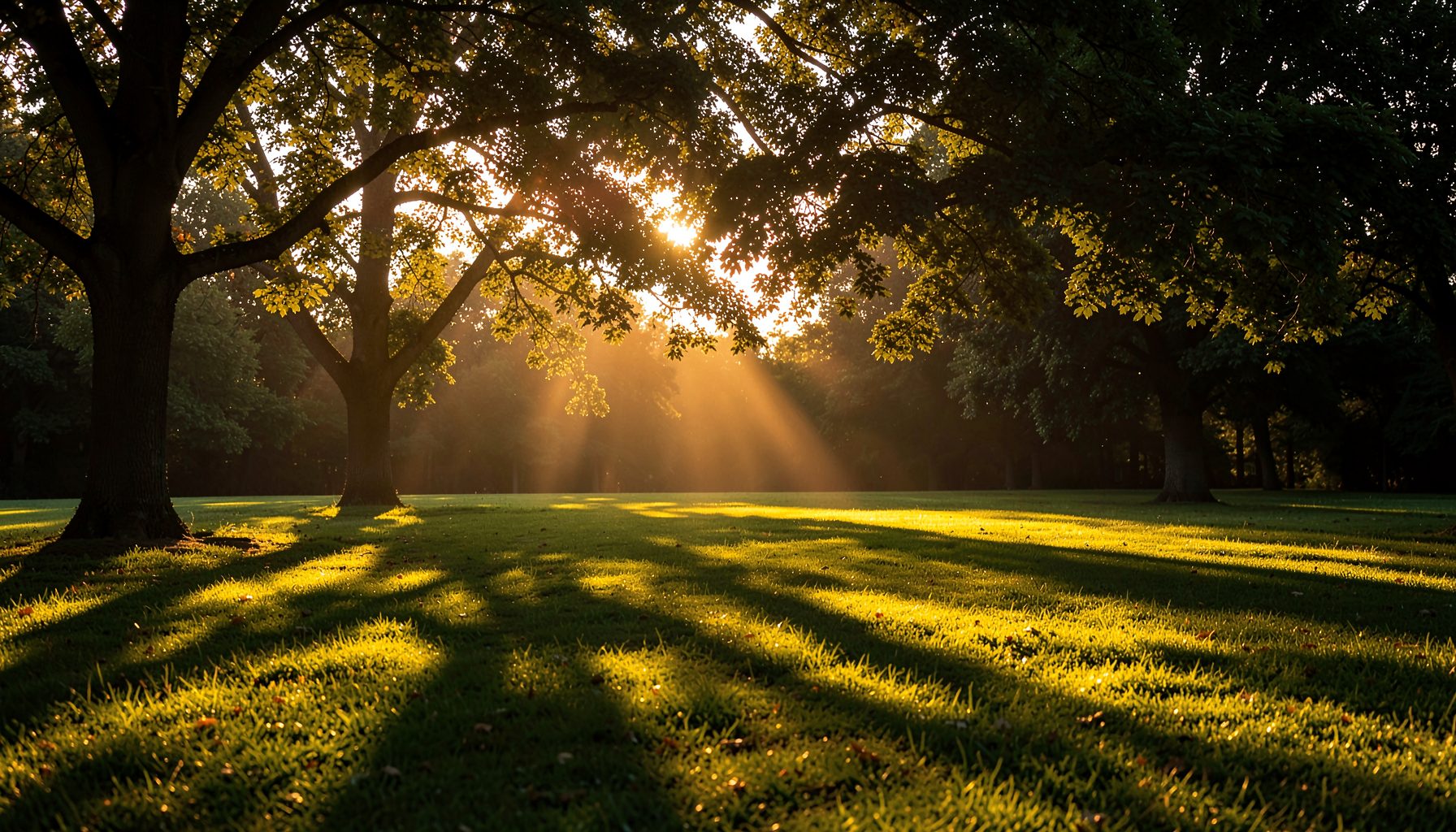 Sunlight streaming through trees at dusk, casting long shadows across a peaceful grassy lawn, warm golden light